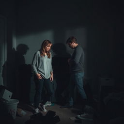 A dramatic and emotional scene depicting a couple in a heated argument, their faces showing frustration and disappointment, in a dimly lit room that symbolizes tension
