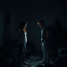 A dramatic and emotional scene depicting a couple in a heated argument, their faces showing frustration and disappointment, in a dimly lit room that symbolizes tension