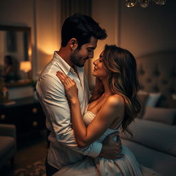 A romantic and intimate scene between a couple in a stylish bedroom