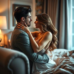 A romantic and intimate scene between a couple in a stylish bedroom