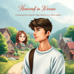 A heartwarming book cover that tells the story of a young man from a village with a mysterious past, who ultimately finds true love with his neighbor