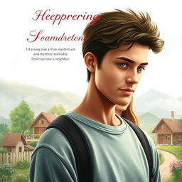 A heartwarming book cover that tells the story of a young man from a village with a mysterious past, who ultimately finds true love with his neighbor