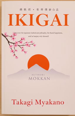 A book cover titled 'Ikigai' featuring the title in large, bright orange serif font at the top