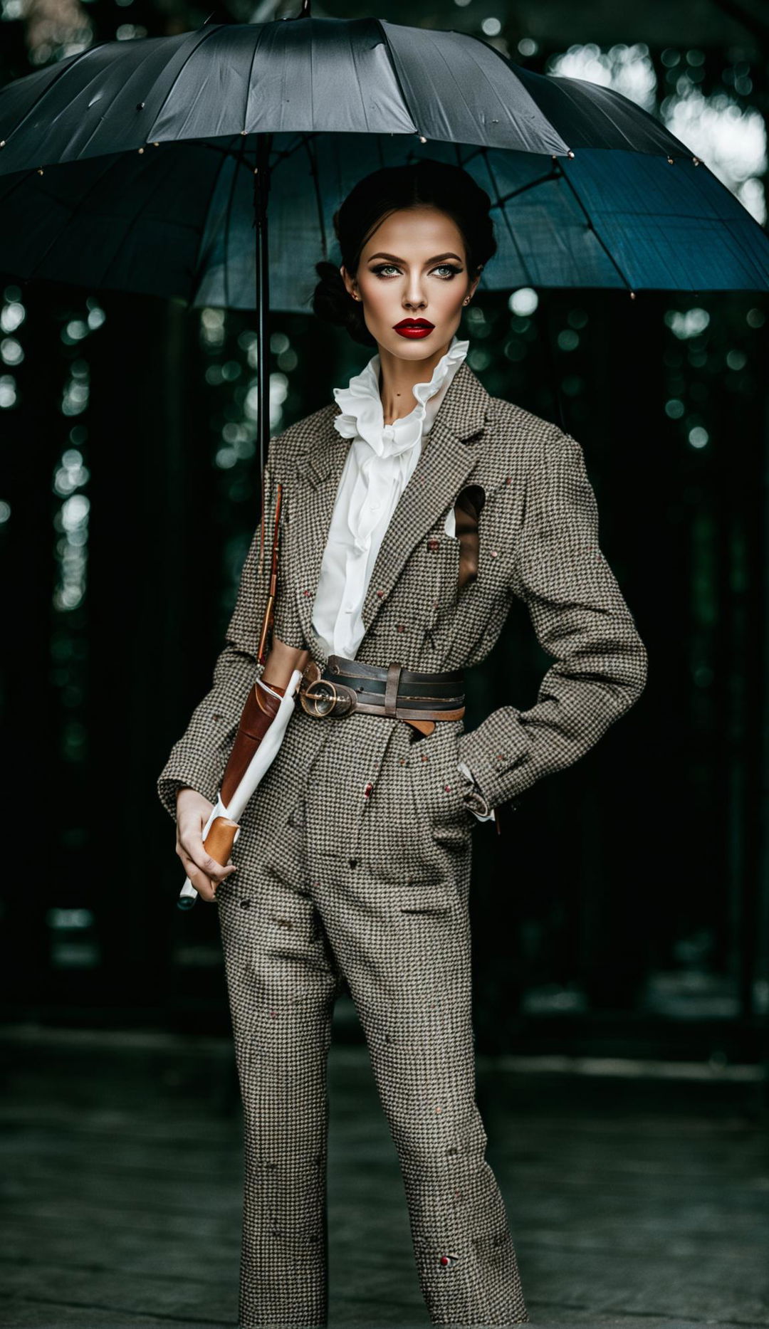 High-resolution photograph of a model in a modern 'old money' inspired outfit. She's wearing a tailored tweed suit with a ruffled collar blouse, holding an antique umbrella and leather-bound book. The lighting highlights her outfit's details and casts long shadows for an intense atmosphere.