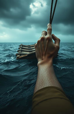 A dramatic scene depicting a single hand clinging desperately to a weathered raft floating in turbulent, dark waters, with droplets of blood trailing from the fingertips into the water