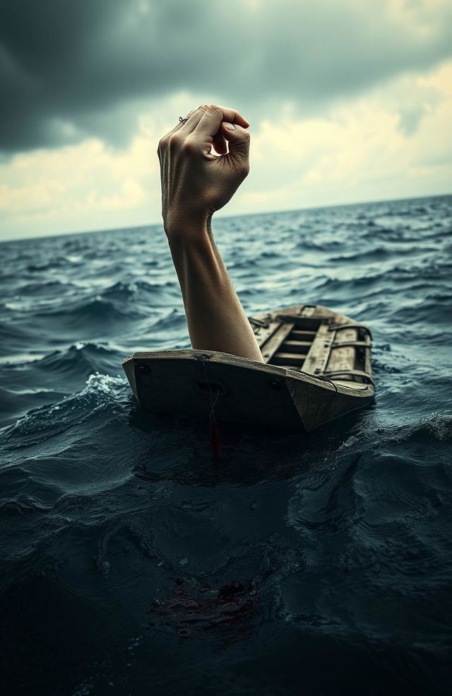 A dramatic scene depicting a single hand clinging desperately to a weathered raft floating in turbulent, dark waters, with droplets of blood trailing from the fingertips into the water