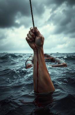 A dramatic scene depicting a single hand clinging desperately to a weathered raft floating in turbulent, dark waters, with droplets of blood trailing from the fingertips into the water