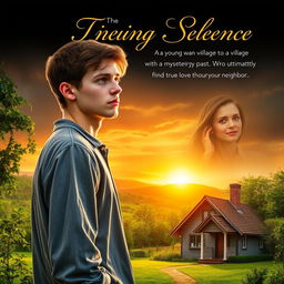 A captivating book cover that tells the story of a young man from a village with a mysterious past who ultimately finds true love through his neighbor