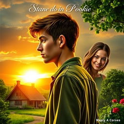 A captivating book cover that tells the story of a young man from a village with a mysterious past who ultimately finds true love through his neighbor