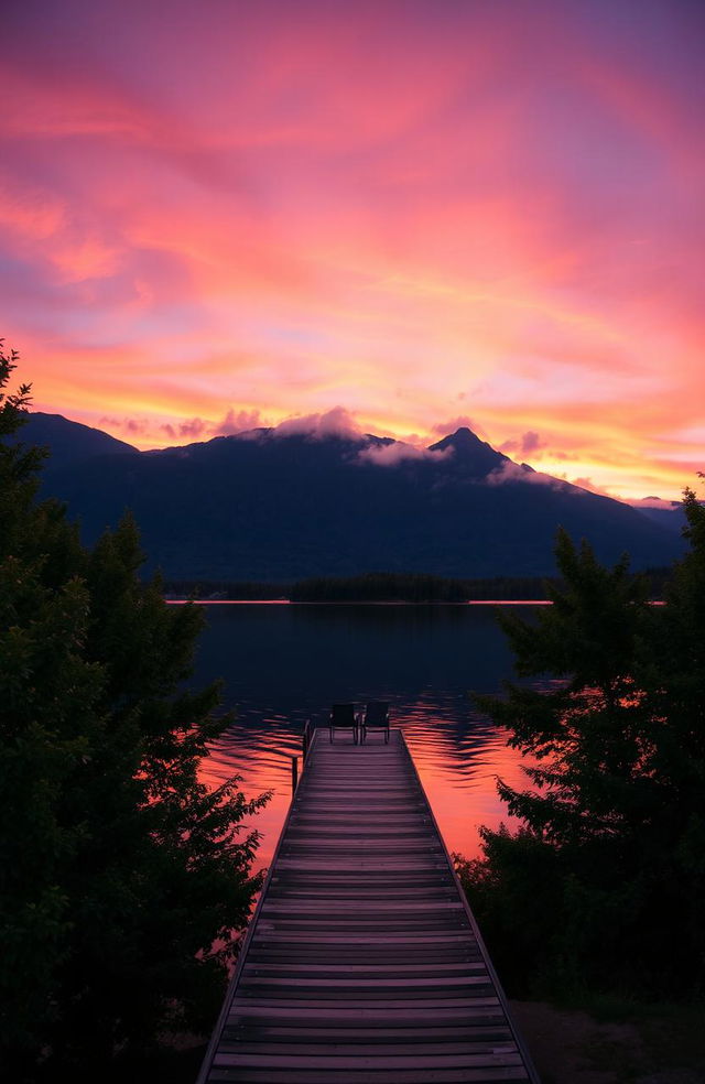 A serene landscape at sunset, featuring a calm lake reflecting the vibrant colors of the sky – orange, pink, and purple hues