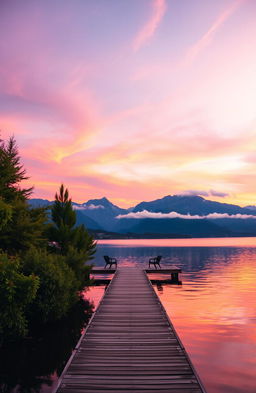 A serene landscape at sunset, featuring a calm lake reflecting the vibrant colors of the sky – orange, pink, and purple hues