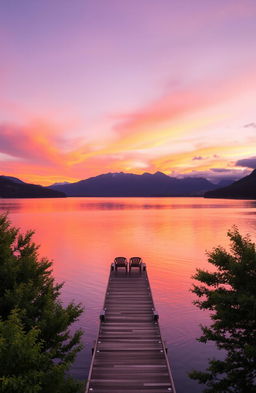 A serene landscape at sunset, featuring a calm lake reflecting the vibrant colors of the sky – orange, pink, and purple hues