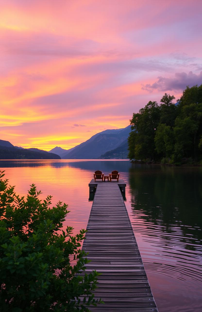 A serene landscape at sunset, featuring a calm lake reflecting the vibrant colors of the sky – orange, pink, and purple hues