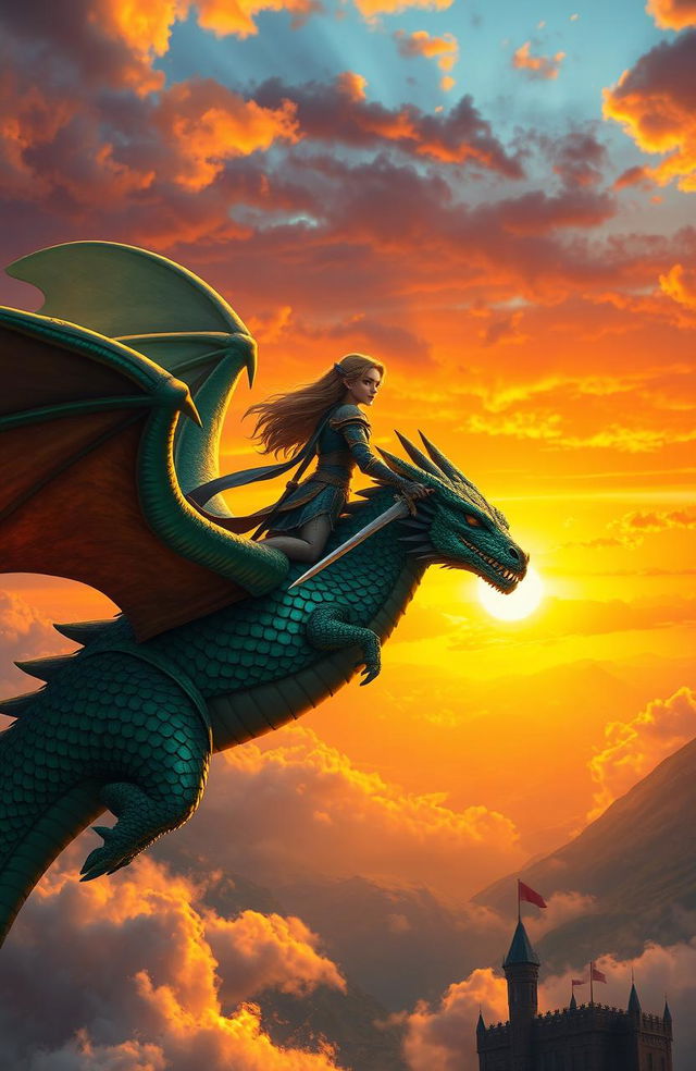 A female dragon rider clad in armor, fiercely gazing into the distance while riding a majestic dragon soaring through the clouds