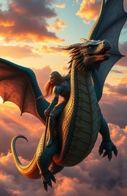 A female dragon rider clad in armor, fiercely gazing into the distance while riding a majestic dragon soaring through the clouds