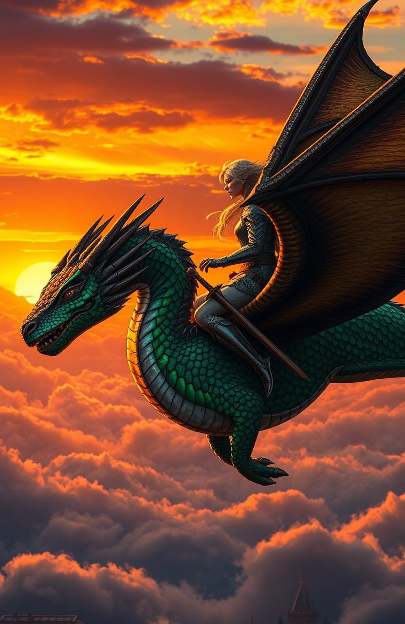 A female dragon rider clad in armor, fiercely gazing into the distance while riding a majestic dragon soaring through the clouds