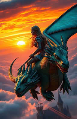 A female dragon rider clad in armor, fiercely gazing into the distance while riding a majestic dragon soaring through the clouds