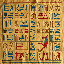 An artistic representation of the ancient art of hieroglyphics, showcasing intricate symbols and characters