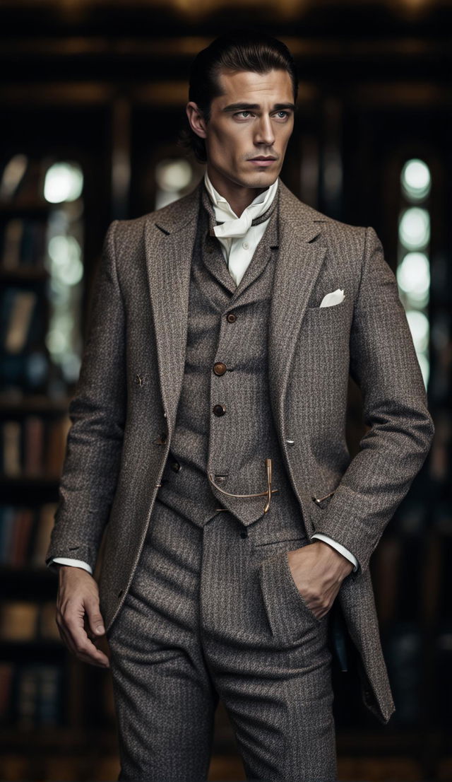 High-resolution photograph of a male model in a modern 'old money' inspired outfit. He's wearing a tailored tweed three-piece suit with a stiff collar shirt, holding an antique walking cane and leather-bound book. The lighting highlights his outfit's details and casts long shadows for an intense atmosphere.