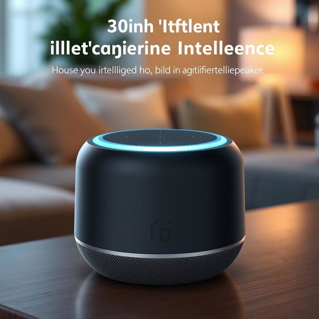 A sleek, modern portable wireless speaker that features built-in artificial intelligence, resembling the Amazon Echo Dot