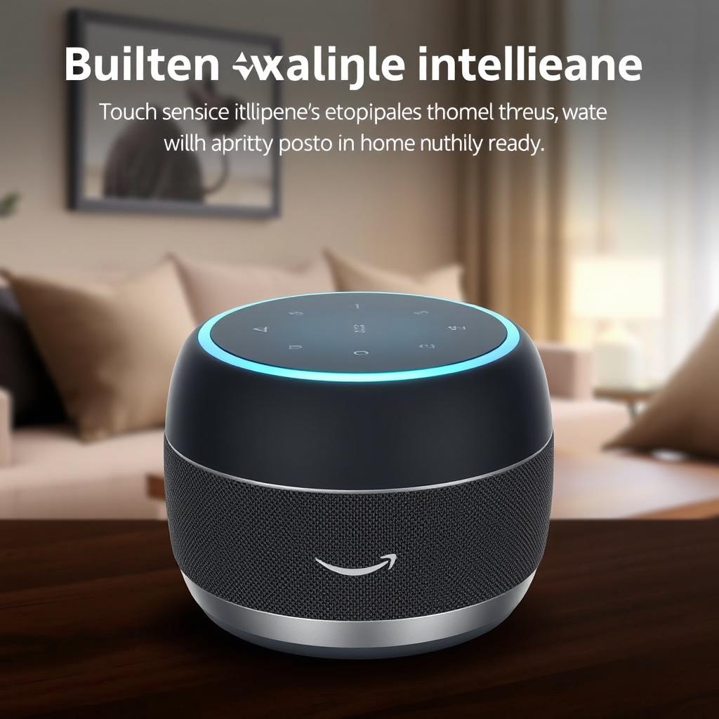 A sleek, modern portable wireless speaker that features built-in artificial intelligence, resembling the Amazon Echo Dot