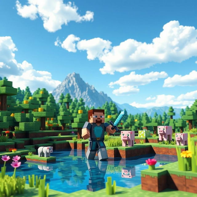 A vibrant, blocky landscape depicting a Minecraft scene, featuring a variety of biomes like a lush forest with pixelated trees, a mountain range in the background, and a serene lake with blocky water reflecting the sky