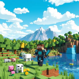A vibrant, blocky landscape depicting a Minecraft scene, featuring a variety of biomes like a lush forest with pixelated trees, a mountain range in the background, and a serene lake with blocky water reflecting the sky