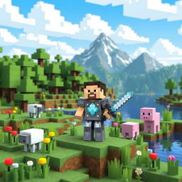 A vibrant, blocky landscape depicting a Minecraft scene, featuring a variety of biomes like a lush forest with pixelated trees, a mountain range in the background, and a serene lake with blocky water reflecting the sky