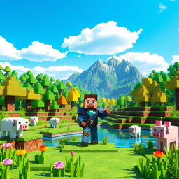 A vibrant, blocky landscape depicting a Minecraft scene, featuring a variety of biomes like a lush forest with pixelated trees, a mountain range in the background, and a serene lake with blocky water reflecting the sky