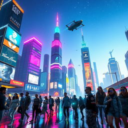 A futuristic cityscape at night, illuminating the skyline with vibrant neon lights in various colors like electric blue, bright pink, and vivid green