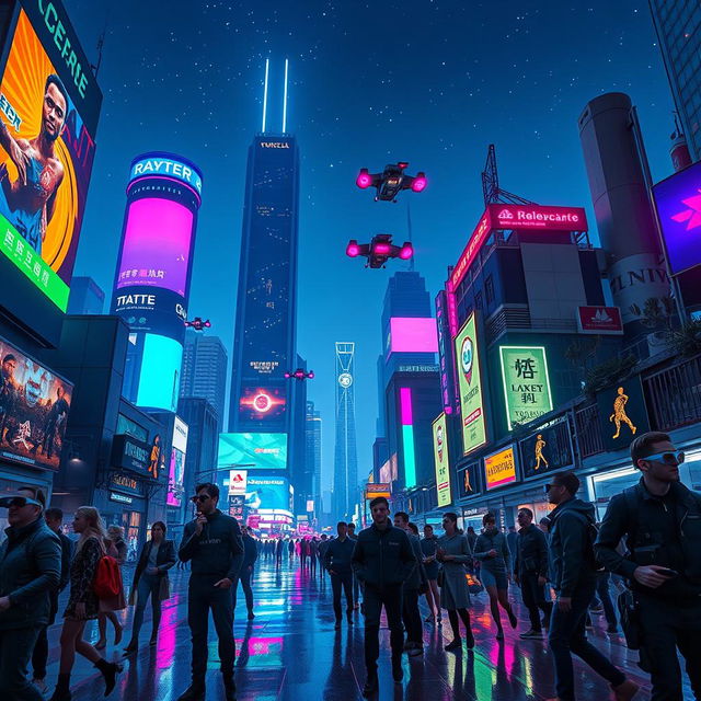 A futuristic cityscape at night, illuminating the skyline with vibrant neon lights in various colors like electric blue, bright pink, and vivid green