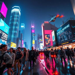A futuristic cityscape at night, illuminating the skyline with vibrant neon lights in various colors like electric blue, bright pink, and vivid green