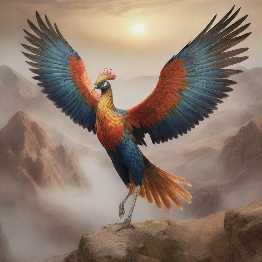 The legendary Simurgh, a mythical bird from Persian folklore, majestically soaring in a mystic landscape.