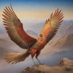 The legendary Simurgh, a mythical bird from Persian folklore, majestically soaring in a mystic landscape.