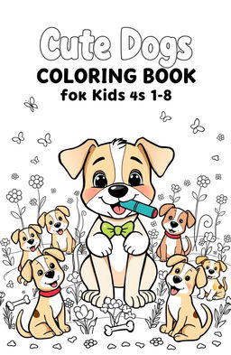 A playful and adorable cartoon puppy at the center, wearing a bowtie and holding a crayon in its mouth