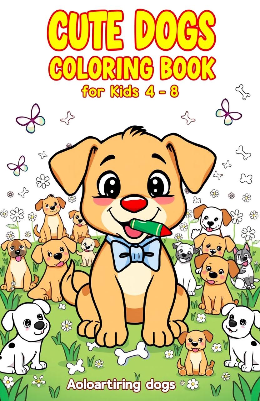 A playful and adorable cartoon puppy at the center, wearing a bowtie and holding a crayon in its mouth