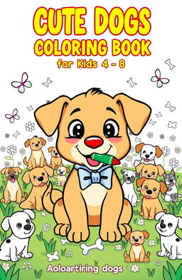 A playful and adorable cartoon puppy at the center, wearing a bowtie and holding a crayon in its mouth