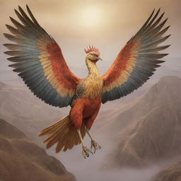 The legendary Simurgh, a mythical bird from Persian folklore, majestically soaring in a mystic landscape.