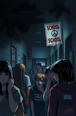 A dramatic scene depicting a tense high school environment where students are whispering, and a worried teacher is looking out into the hallway