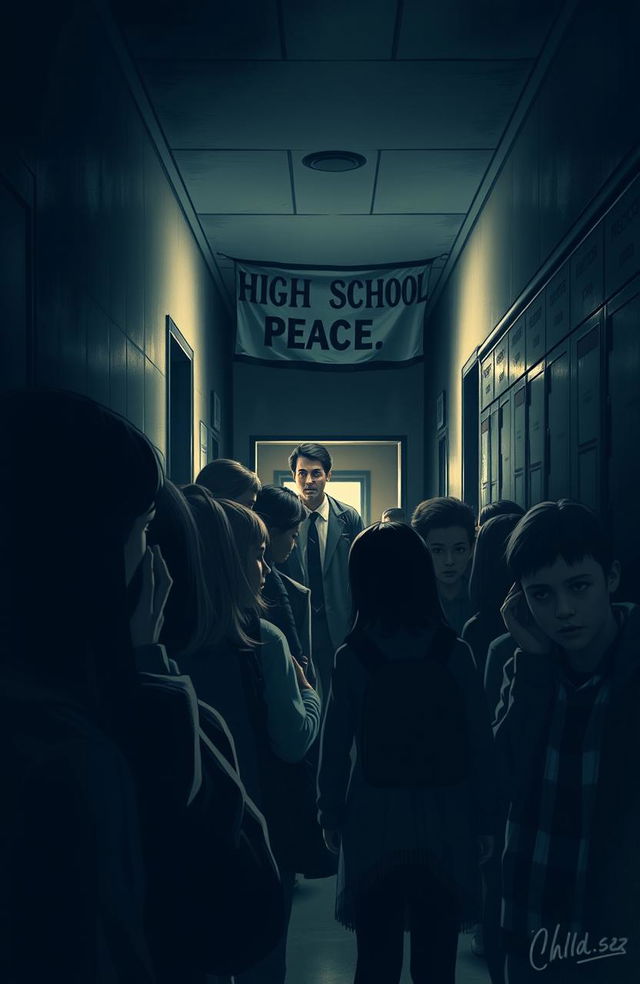 A dramatic scene depicting a tense high school environment where students are whispering, and a worried teacher is looking out into the hallway