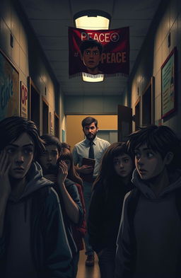 A dramatic scene depicting a tense high school environment where students are whispering, and a worried teacher is looking out into the hallway