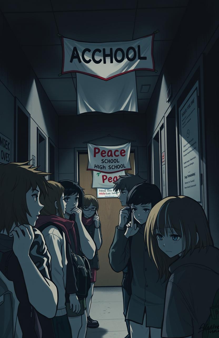 A dramatic scene depicting a tense high school environment where students are whispering, and a worried teacher is looking out into the hallway