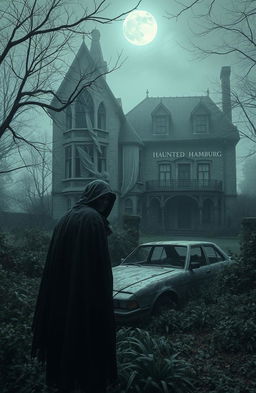 A hauntingly beautiful scene showcasing the "Haunted House of Hamburg" in eerie, gothic architecture, with tattered curtains blowing in the wind and decaying walls