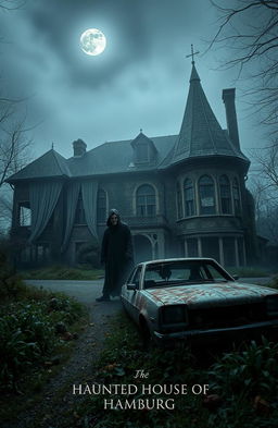 A hauntingly beautiful scene showcasing the "Haunted House of Hamburg" in eerie, gothic architecture, with tattered curtains blowing in the wind and decaying walls