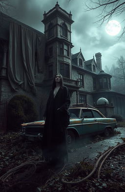 A hauntingly beautiful scene showcasing the "Haunted House of Hamburg" in eerie, gothic architecture, with tattered curtains blowing in the wind and decaying walls