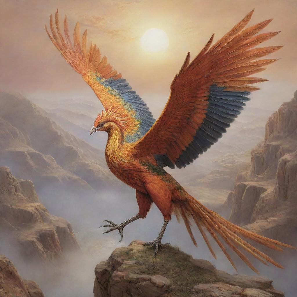 The legendary Simurgh, a mythical bird from Persian folklore, majestically soaring in a mystic landscape.