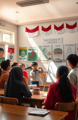 An educational scene depicting the essence of Pancasila, featuring diverse students engaged in a lively discussion about its five principles