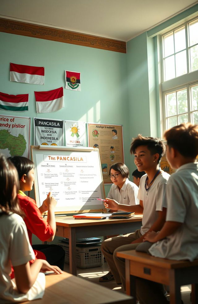 An educational scene depicting the essence of Pancasila, featuring diverse students engaged in a lively discussion about its five principles