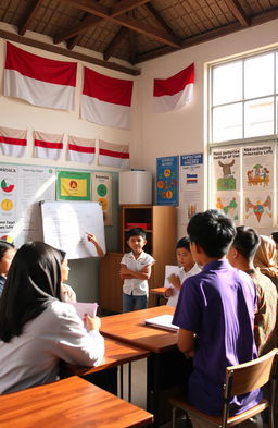 An educational scene depicting the essence of Pancasila, featuring diverse students engaged in a lively discussion about its five principles