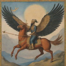 The legendary Simurgh of Persian lore, seen flying with the heroic figure of Arash the Archer.